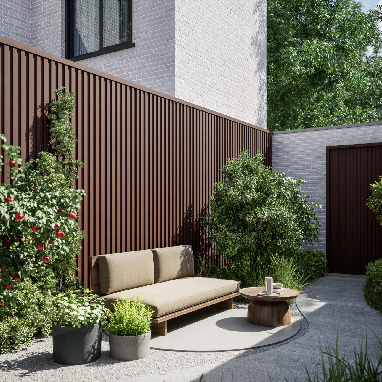 terras stadstuin met alu gevelbekleding bruin