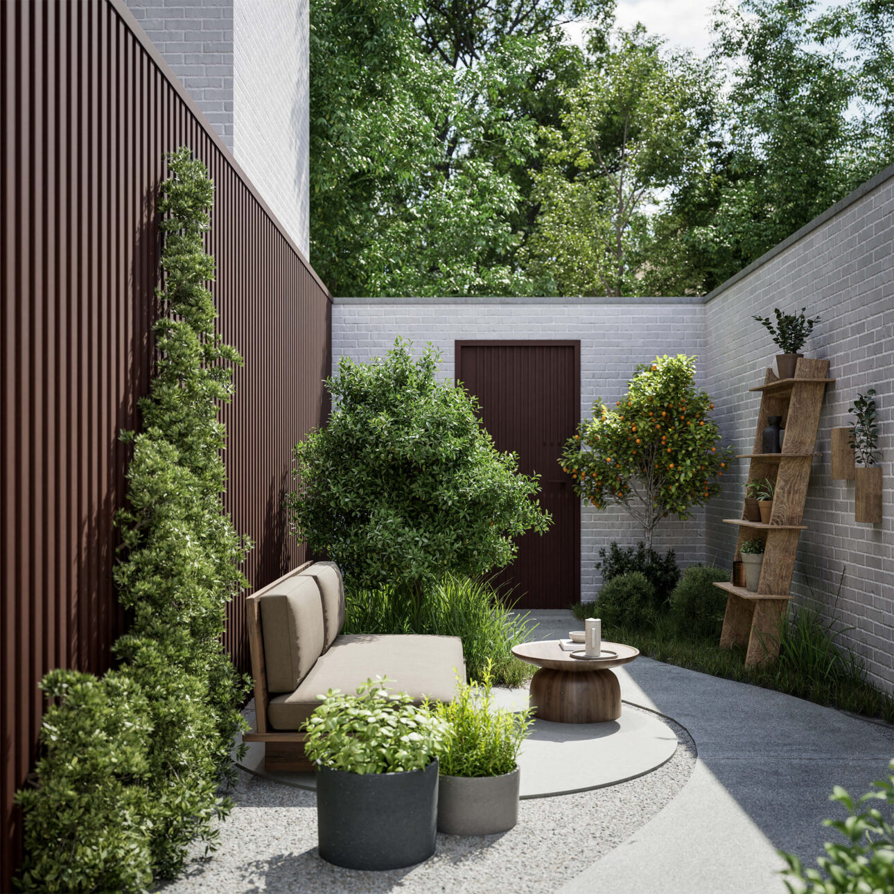 terras stadstuin met bruin alu gevelbekleding